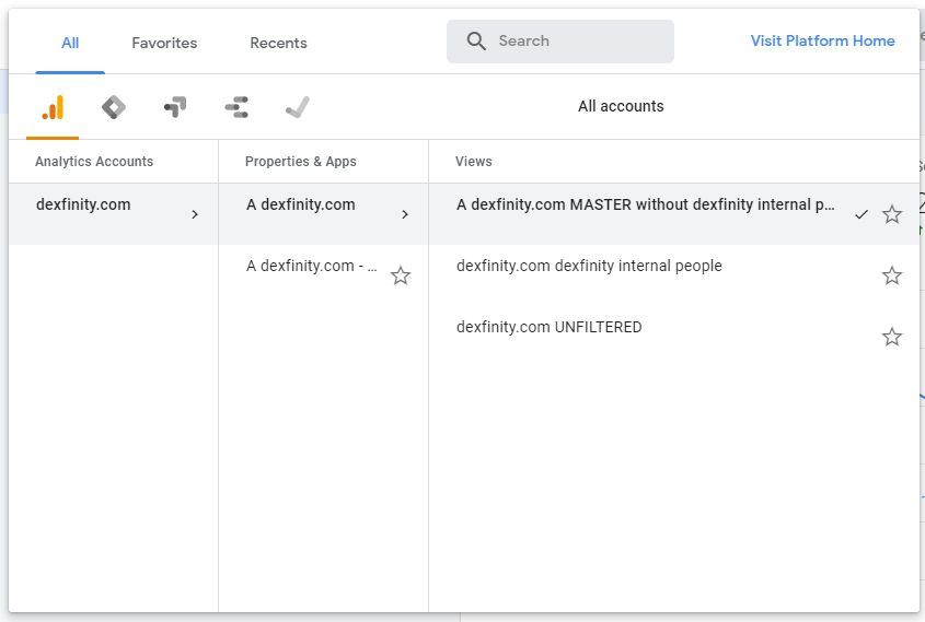 master view, test view, unfiltered view, dexfinity, google analytics, nastavenie filtrovania