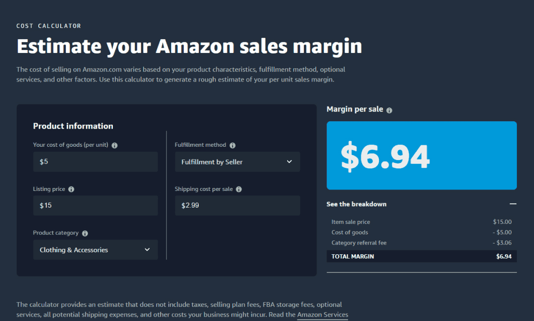 Approximate margin of a product on Amazon
