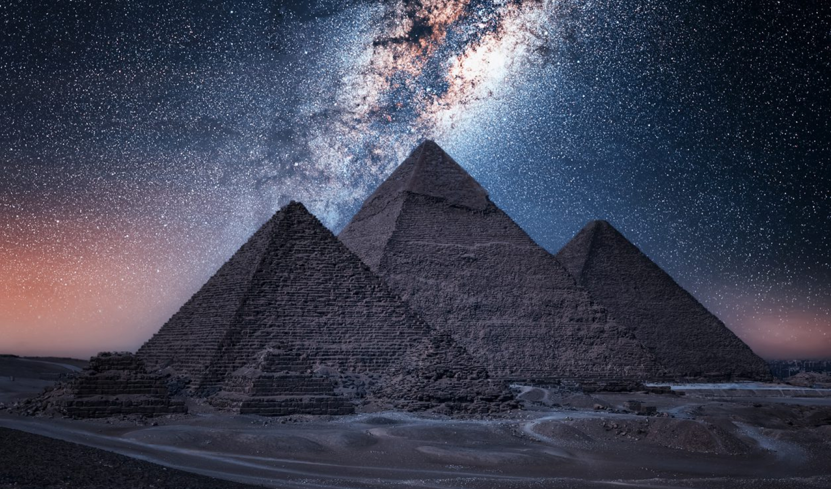 The Pyramids of Giza by night in Egypt