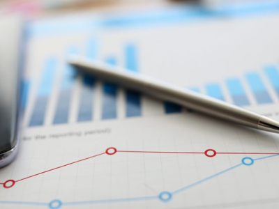 On table is report with graph and silver pen. Preliminary analysis target audience. Feature calculating interest on loan or deposit. Increasing sales, opening branches, creating franchise