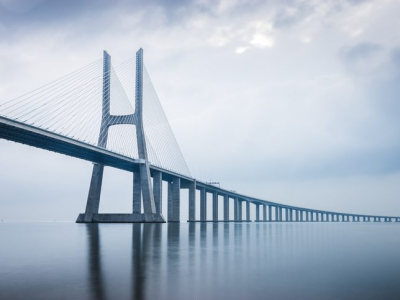 Vasco da Gama Bridge at sunrise in Lisbon, Portugal