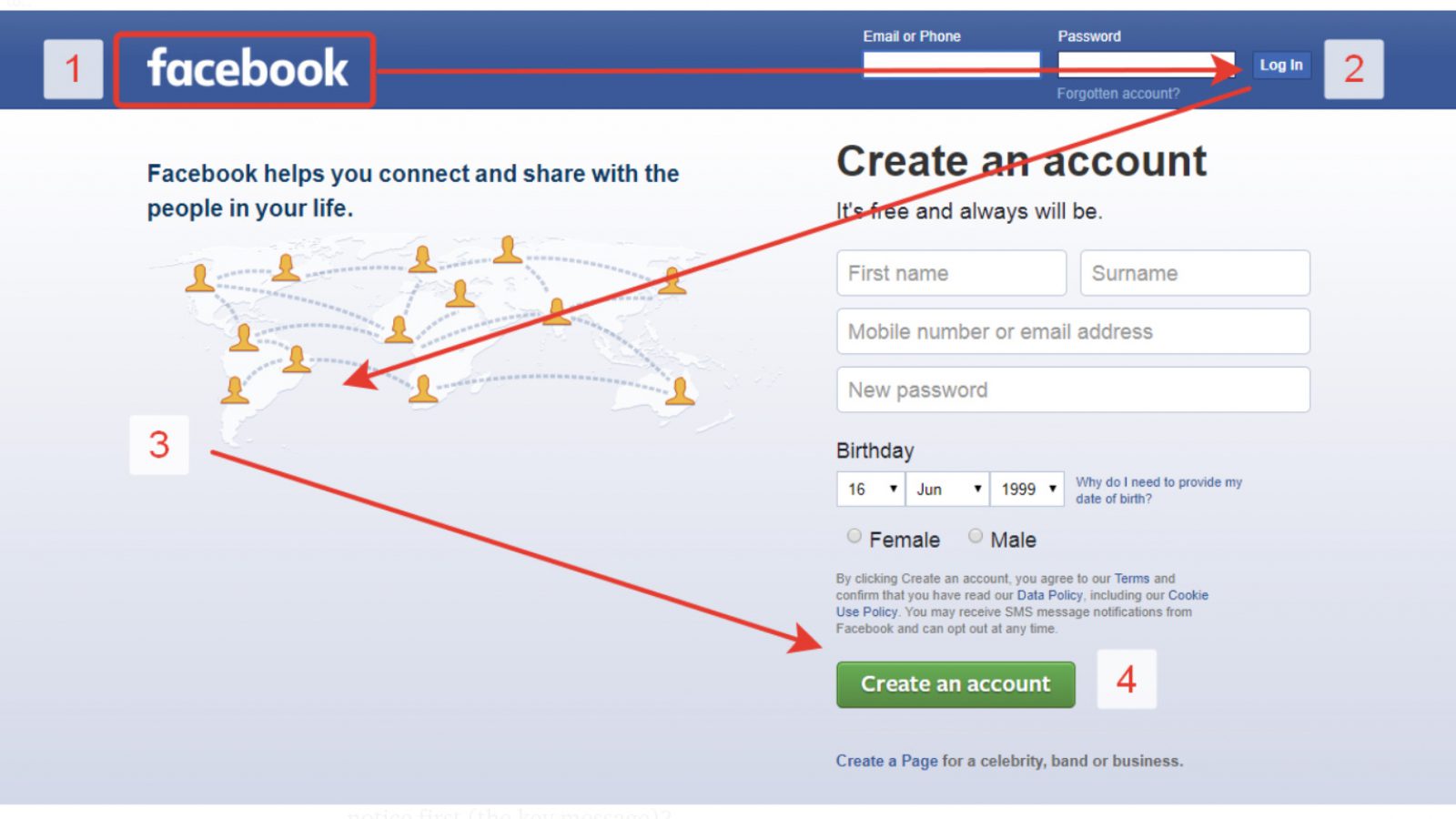 Domovská stránka Facebooku v tvare čítania Z-Pattern z-pattern-ux-facebook